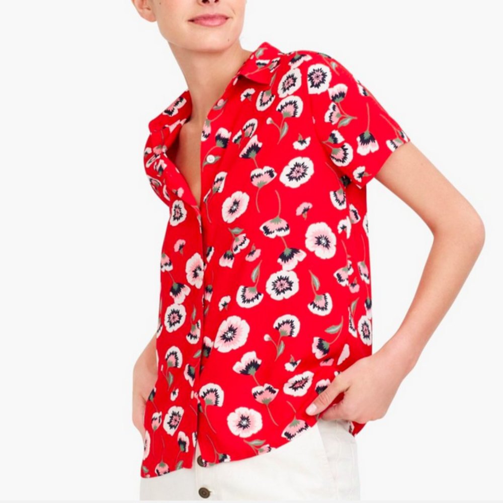 J.CREW RED FLORAL PRINT SHORT SLEEVE BUTTON-UP SHIRT TOP